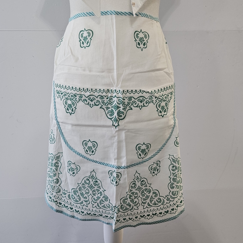 VTG Cotton Kitchen Apron & Bandana Set Blue Green Teal Swirled Design Pattern. - Picture 3 of 16
